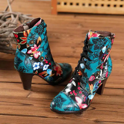 Armak2 - Vibrant Floral Pattern Leather Booties For Women