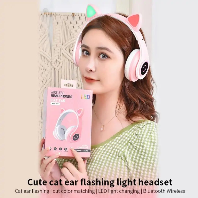 LED Cat Ear Bluetooth 5.0 Headphones with Noise Cancelling