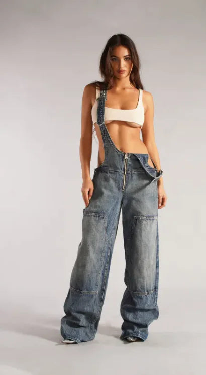 Women Denim Overalls Pants - Loose Fit Jumpsuit for Women, Streetwear Style