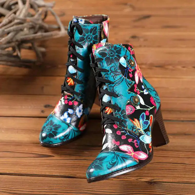 Armak2 - Vibrant Floral Pattern Leather Booties For Women