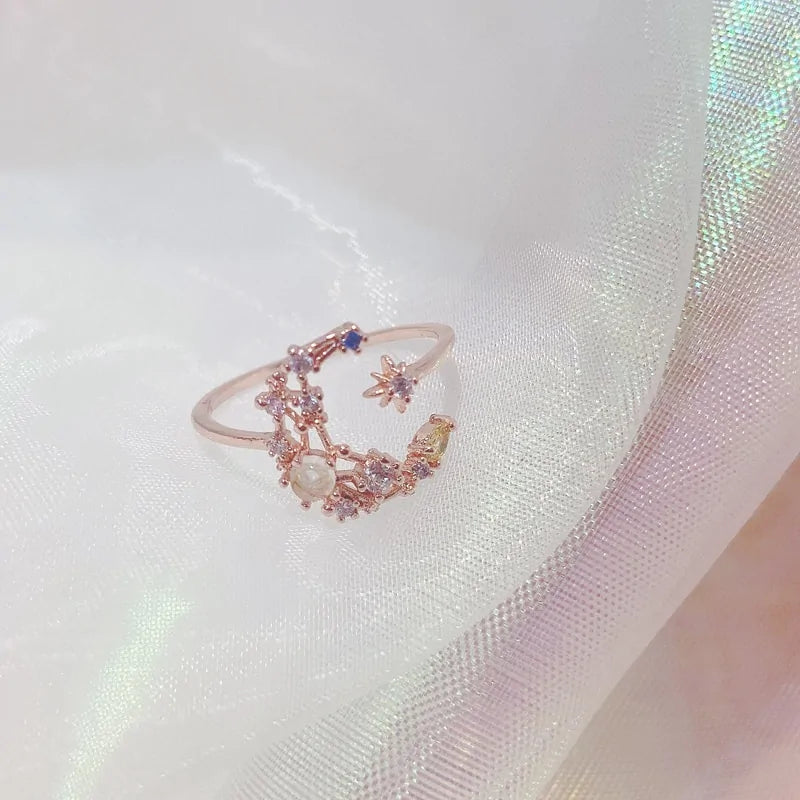 Delicate Zircon Heart Moon Adjustable Ring: Fashionable Korean Style Jewelry for Women