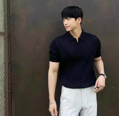 Men's Slim Fit Striped Polo – Korean Style Short Sleeve Knit