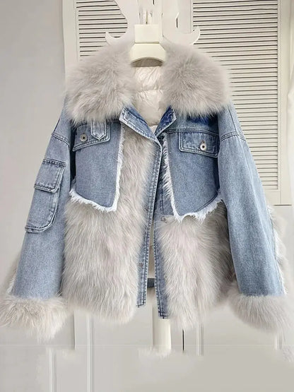 Faux Fur Denim Women Coat