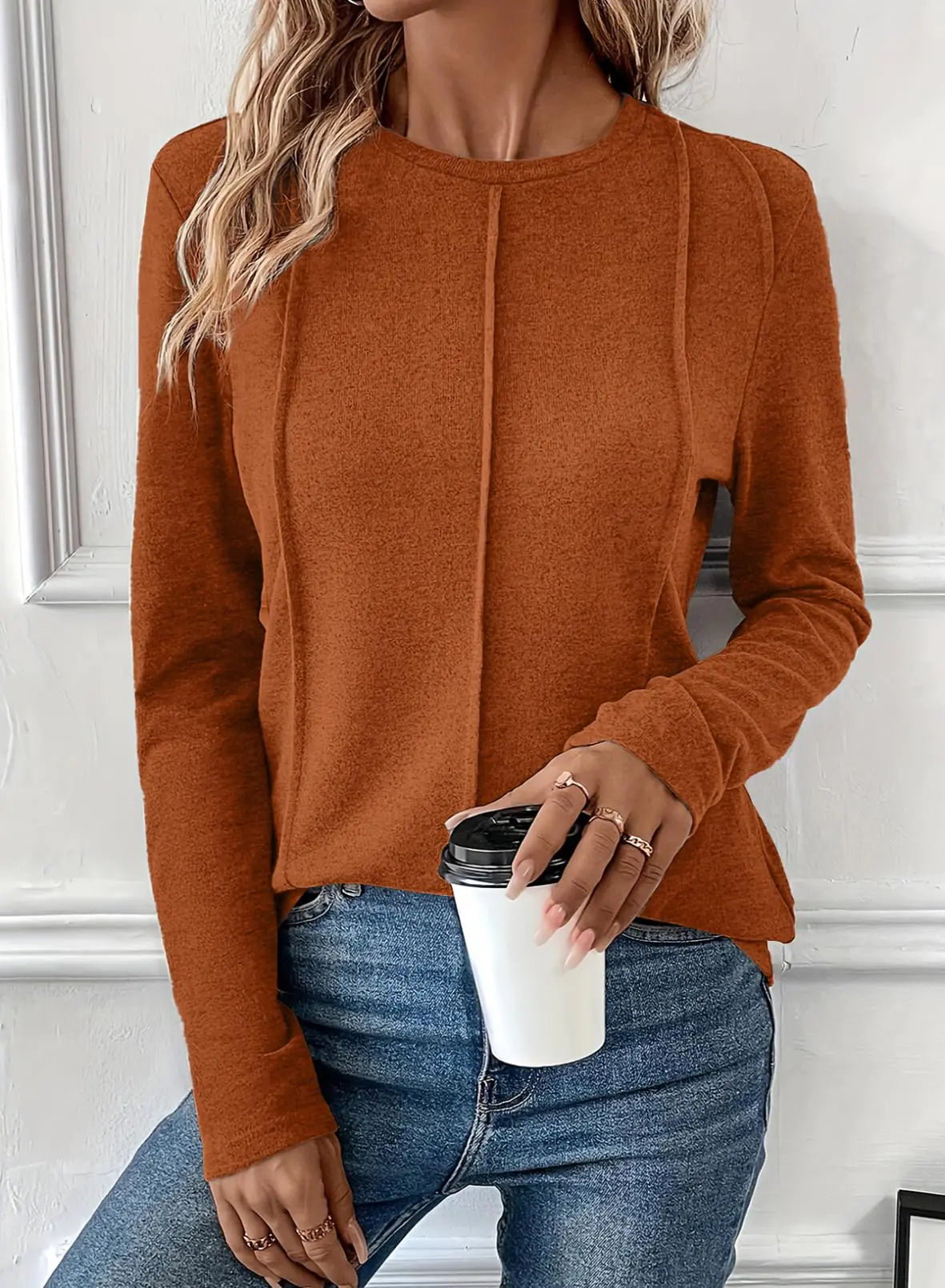 EVALESS Womens T Shirts Trendy Dressy Casual Long Sleeve Tops Crewneck Pleated Knit Solid Loose Blouses Outfits Orange XX-Large