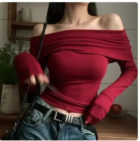 Női Slash Neck Slim, hosszú ujjú felső