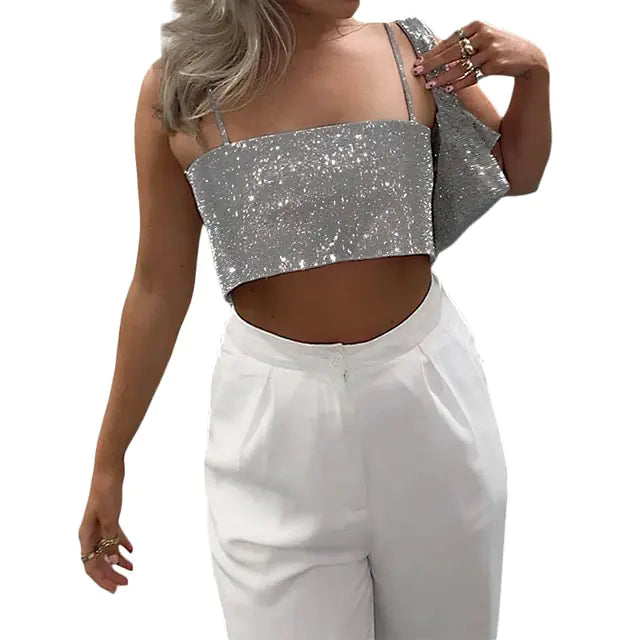 Sexy Gothic Women's Crop Top Backless Bling Metallic Sequin