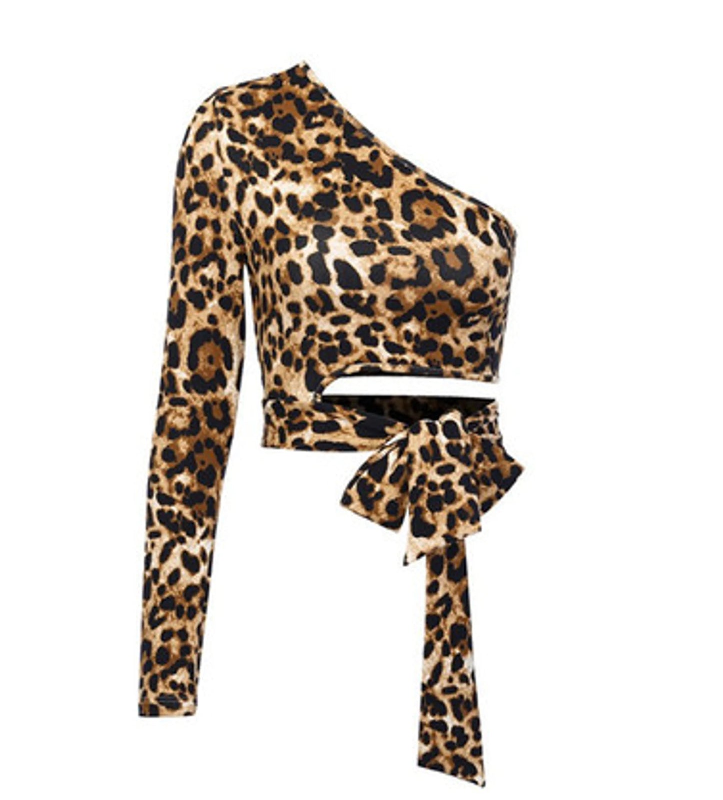 Leopard Cutout One-Shoulder Cropped Top